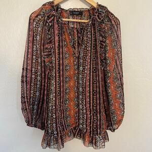 Lucky Brand Sheer Chiffon Peasant Top Ruffles Boho Womens Size Small FLAW